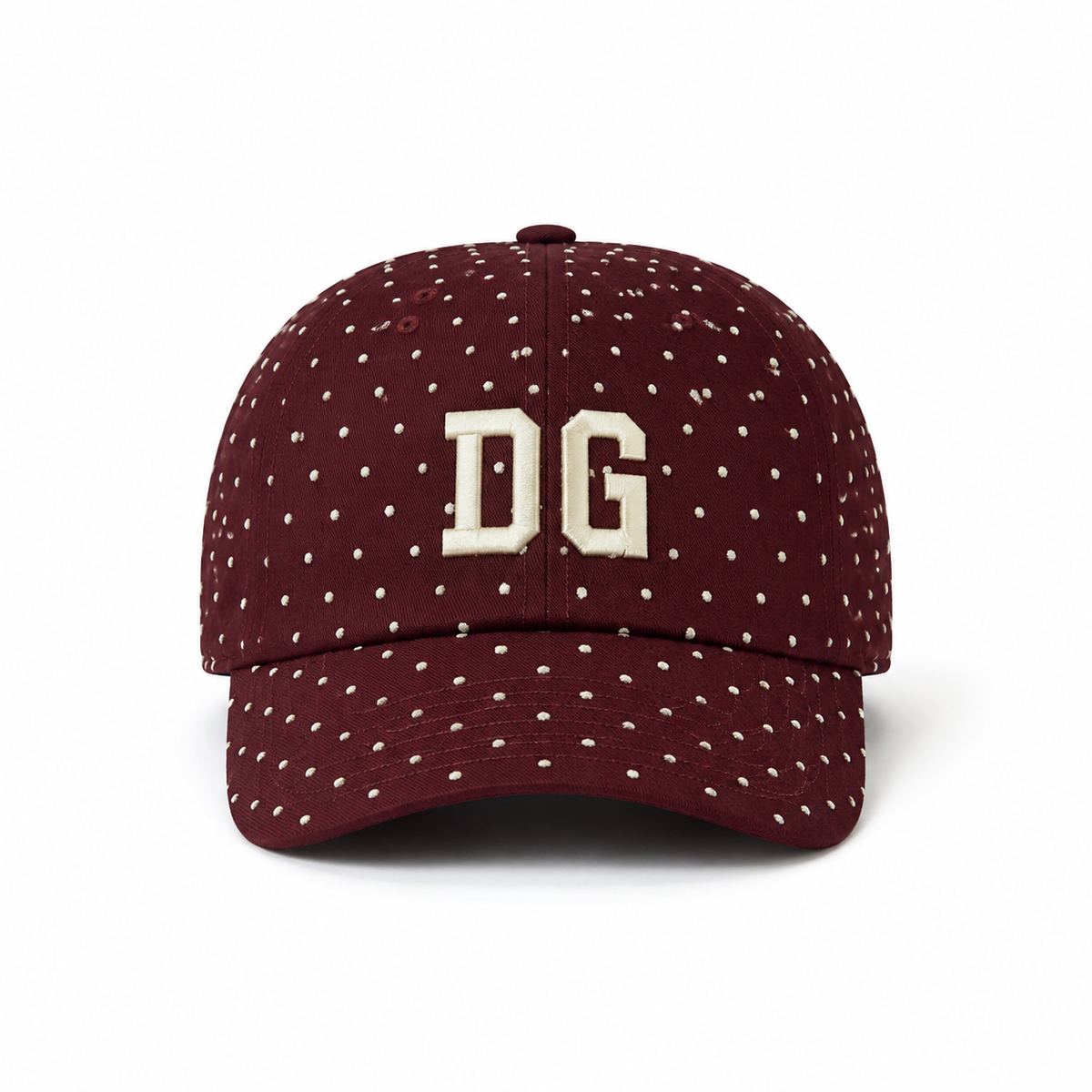 Front view of a custom high quality baseball cap with cotton fabric, rhinestone decoration, and raised 3D embroidery logo.