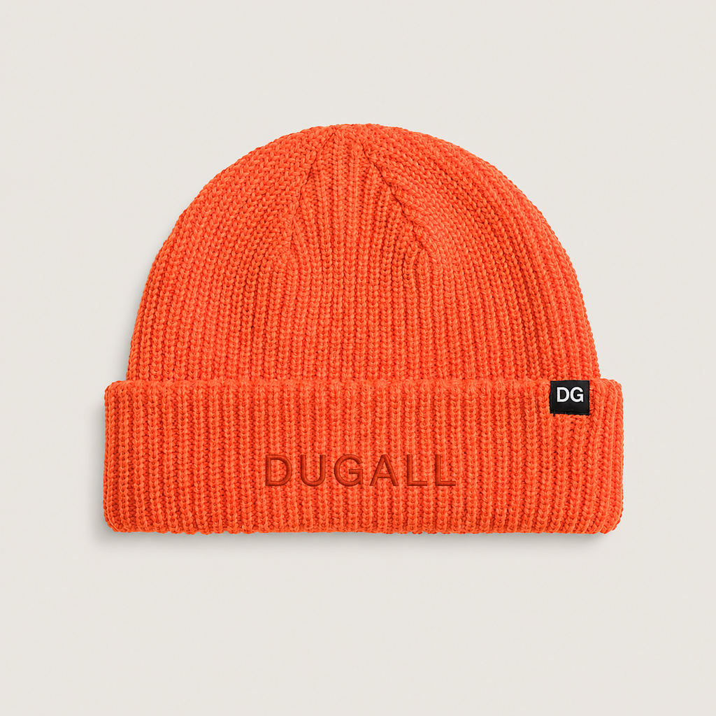 Front view of a custom orange short cuffed beanie made from acrylic yarn with front DUGALL embroidery and side DG label logo