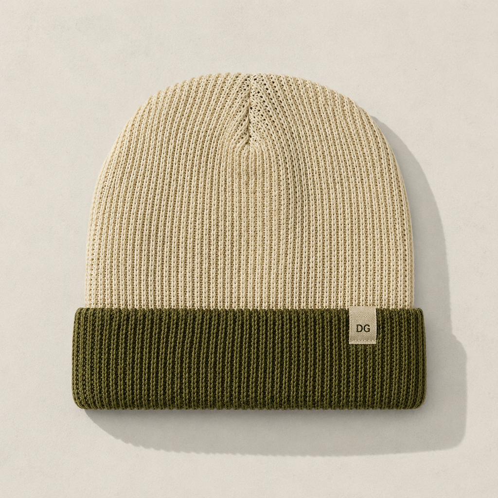 Front view of a short cuffed color block knit beanie in cream and olive green with minimalist woven label detail