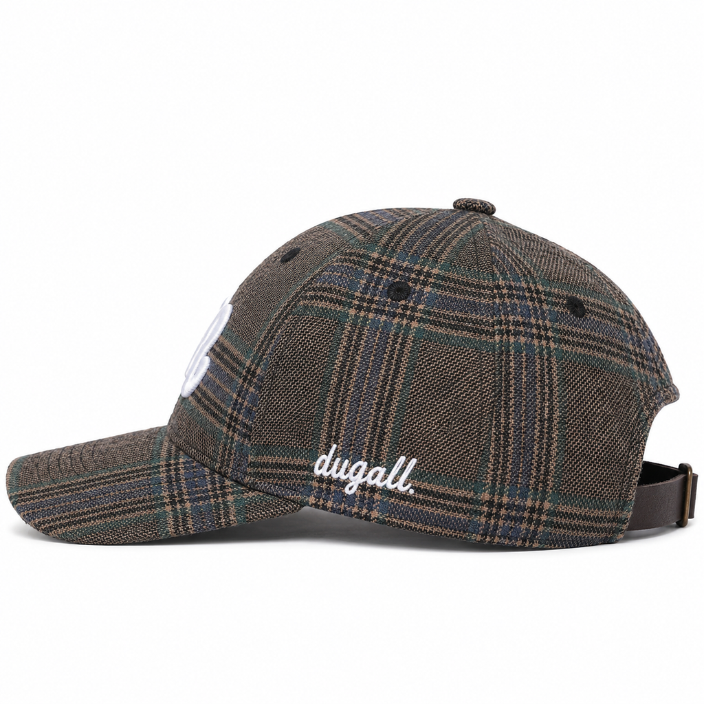 Side view of a custom plaid baseball cap with cotton fabric, curved brim, and side embroidery logo.