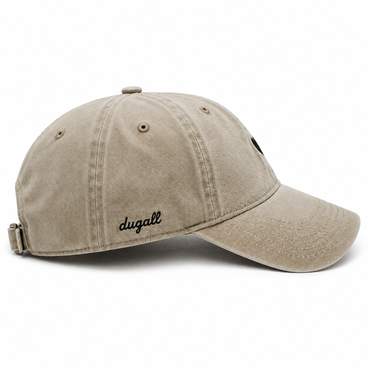 Side view of a custom high quality washed cotton vintage baseball cap with side embroidery detail and curved brim.