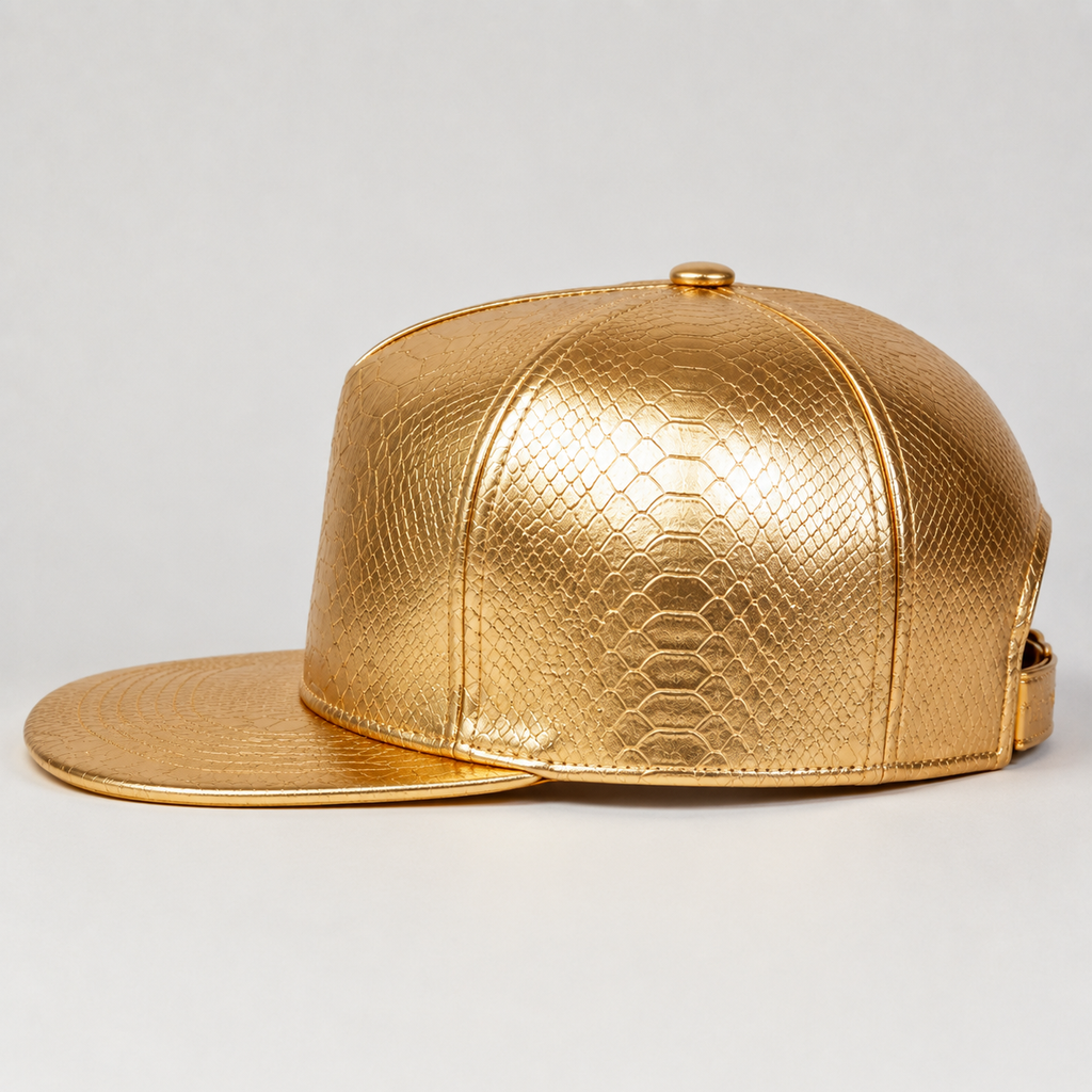 Side view of a custom gold PU 5 panel flat brim cap with flat brim and embossed reptile-style texture.
