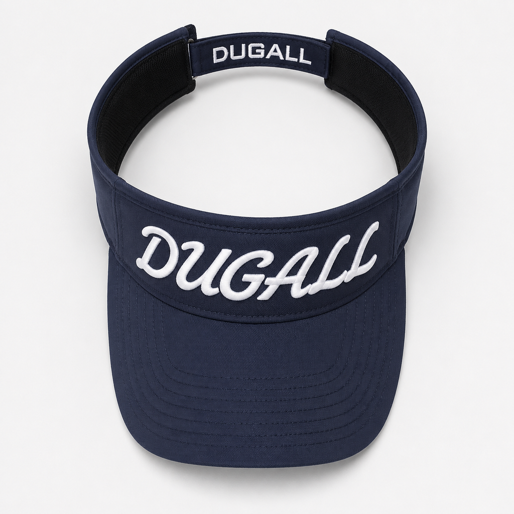 A navy blue visor hat with 'DUGALL' embroidered in white script across the front, shown on a light gray background.