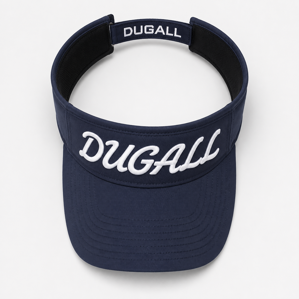 A navy blue visor hat with 'DUGALL' embroidered in white script across the front, shown on a light gray background.