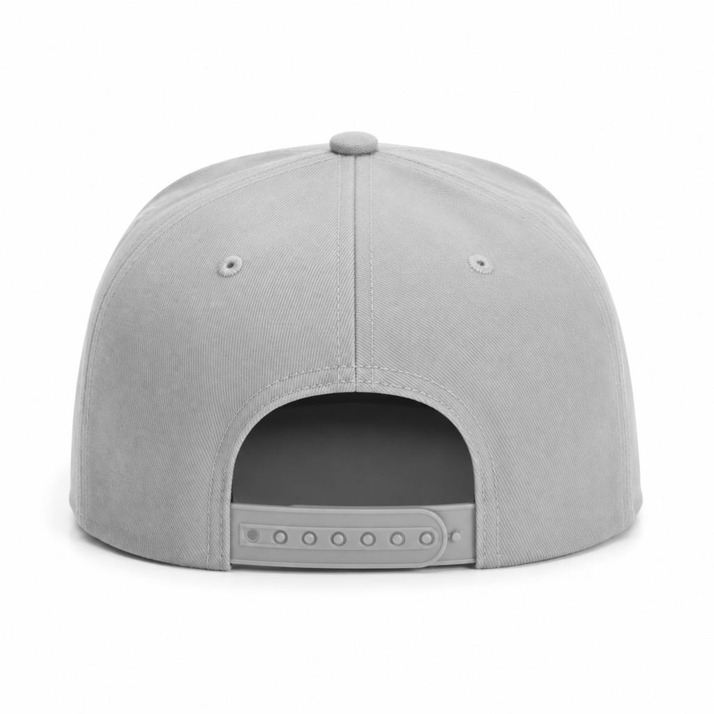 Back view of a light gray custom snapback hat with adjustable snapback closure and structured cotton construction
