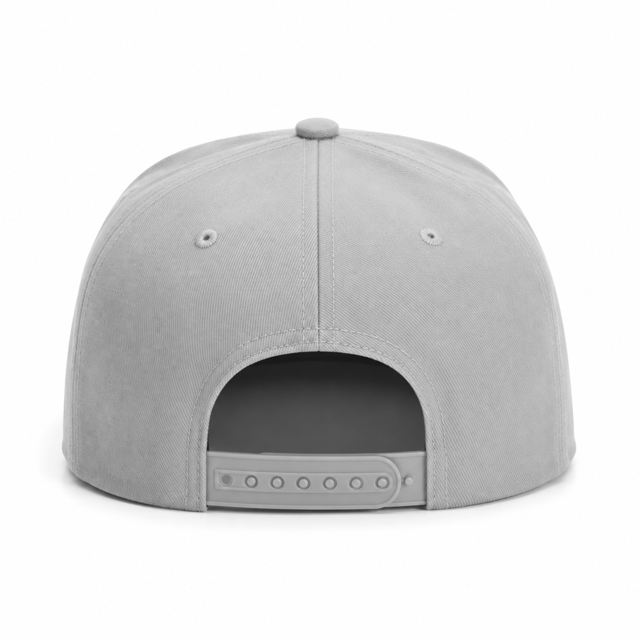 Back view of a light gray custom snapback hat with adjustable snapback closure and structured cotton construction