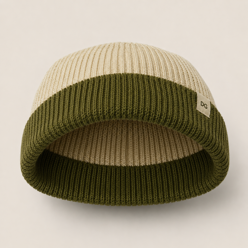 Inside view of a cream and olive short knit beanie showing soft stretch construction and cuffed opening