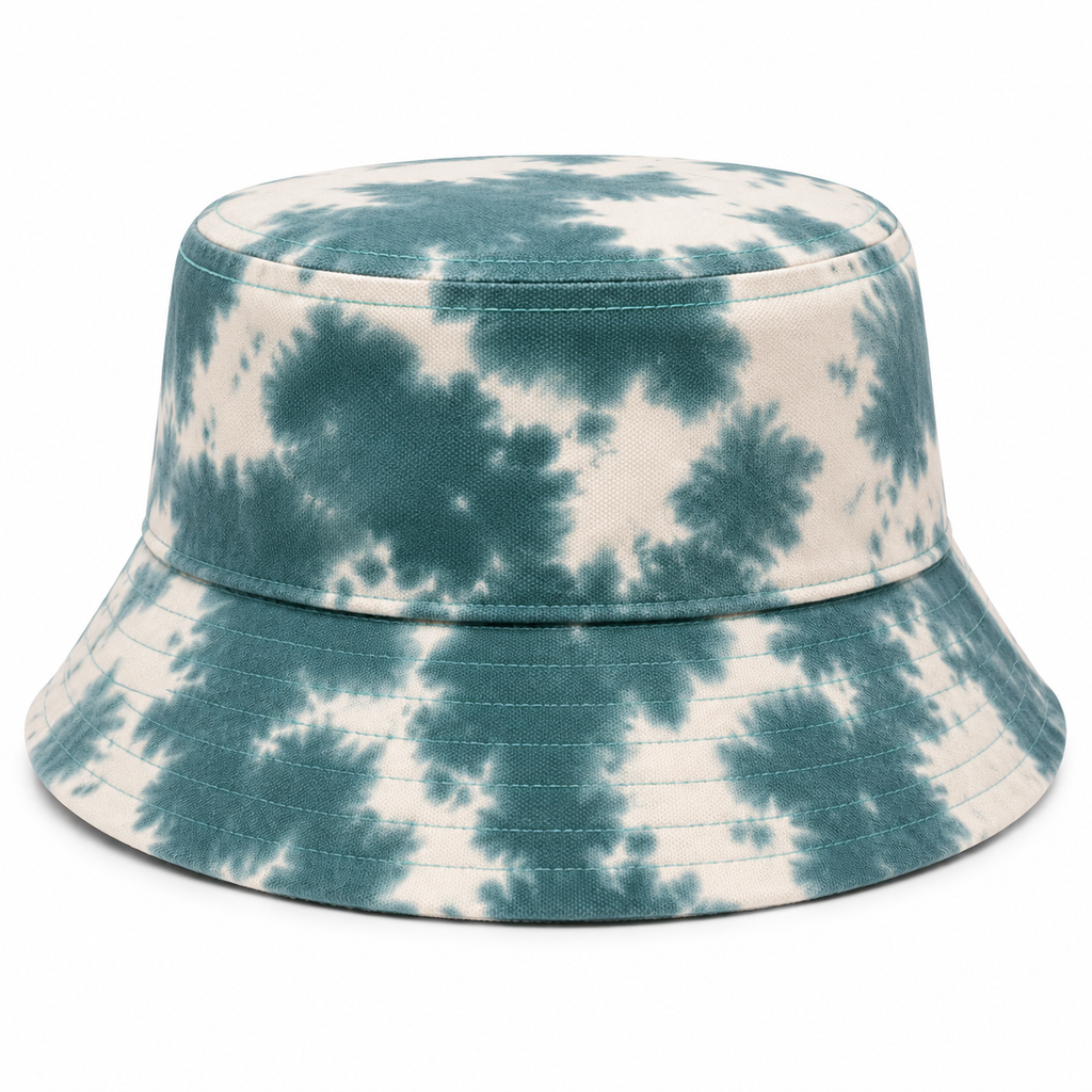 Back view of a washed cotton bucket hat featuring an all-over tie dye style pattern and classic bucket shape.