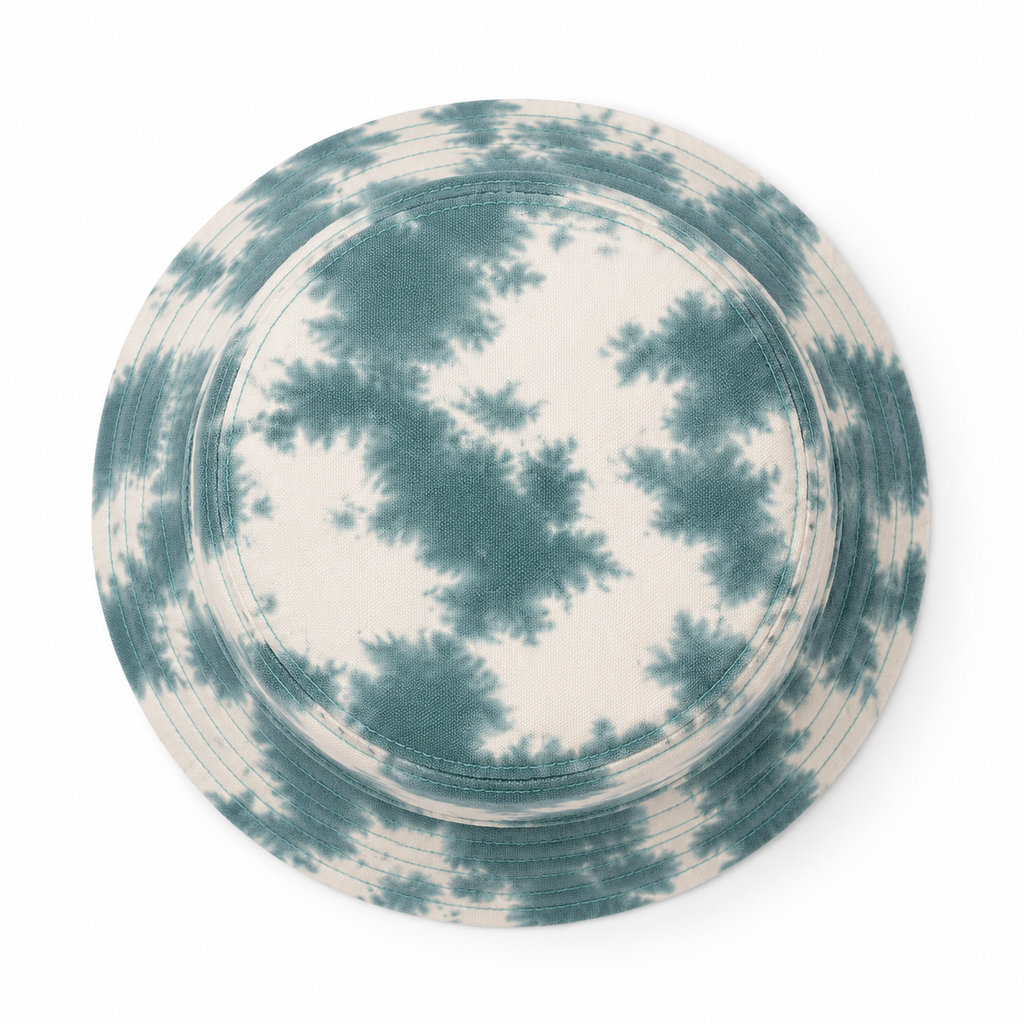 op view of a custom high quality bucket hat with washed cotton fabric and artistic tie dye pattern.