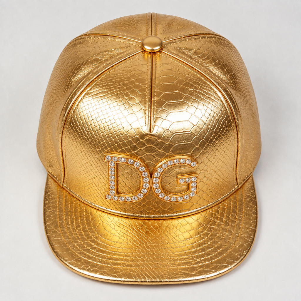 Top front view of a custom gold PU flat brim cap with rhinestone logo, structured crown, and embossed texture.