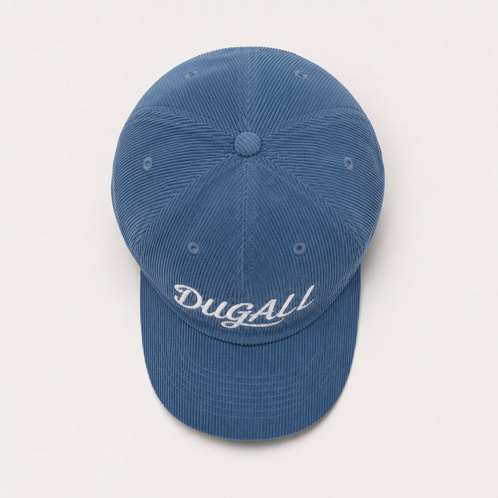 Top view of blue custom corduroy dad hat with embroidered logo