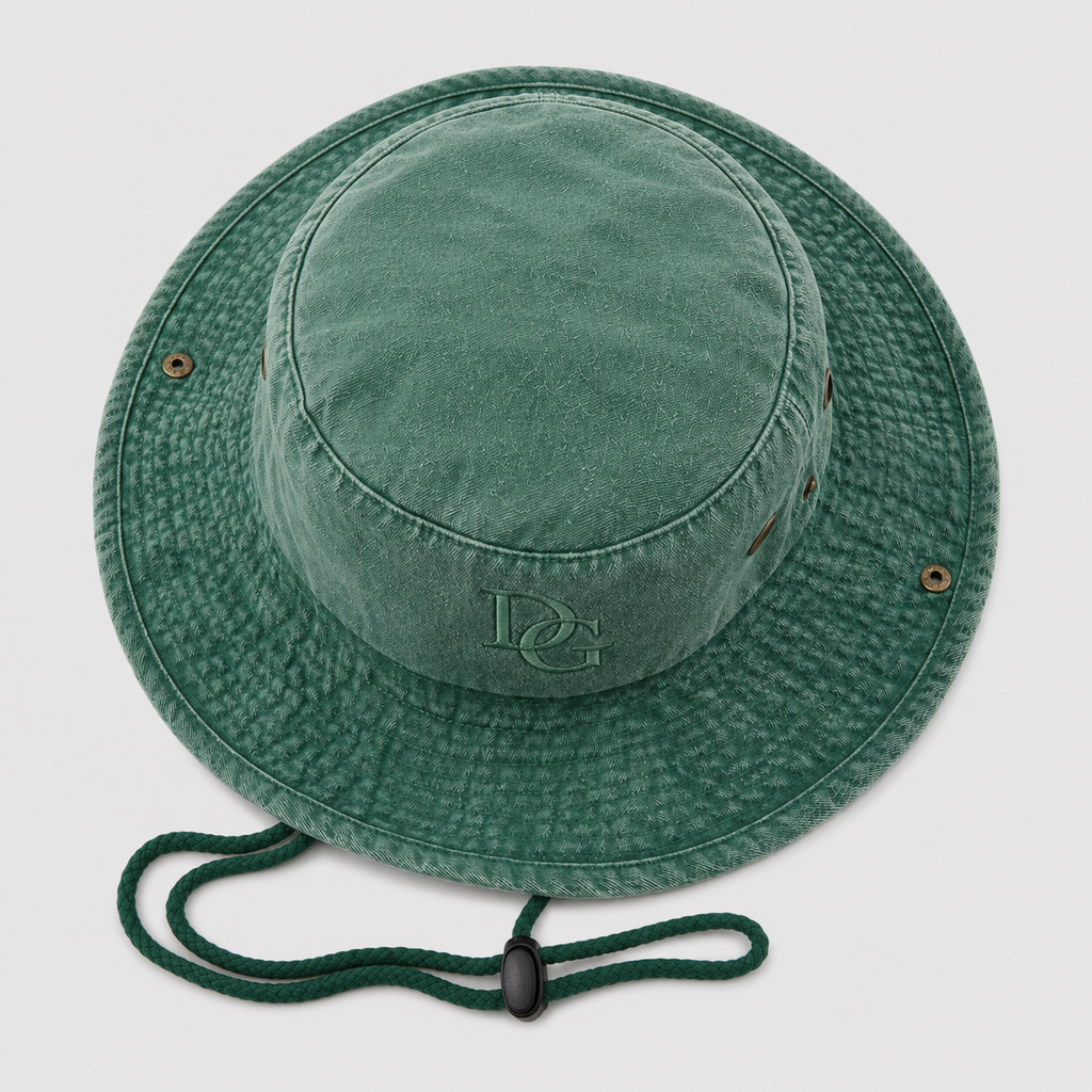 Top view of a custom green cotton bucket hat with embroidered logo and chin cord detail