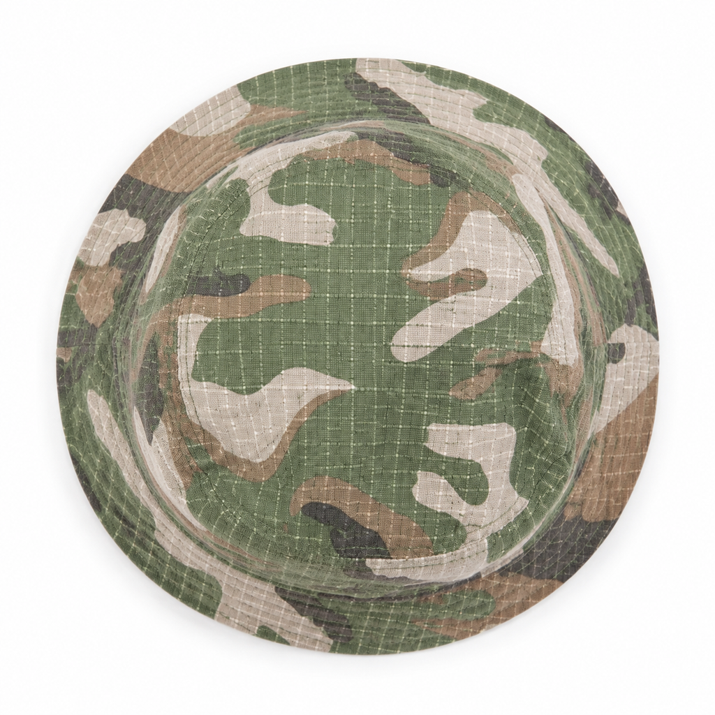 Top view of a custom outdoor casual bucket hat with camouflage pattern and washed cotton fabric.