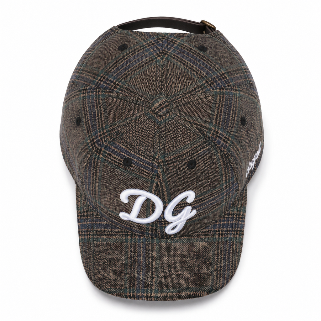 Top view of a custom embroidered plaid baseball cap showing 6 panel construction and raised front logo.