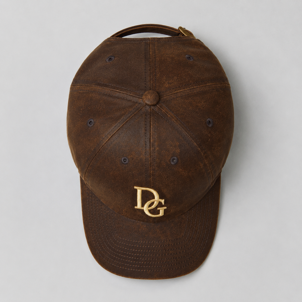 Top view of a brown PU leather baseball cap with custom embroidered logo and 6 panel construction.