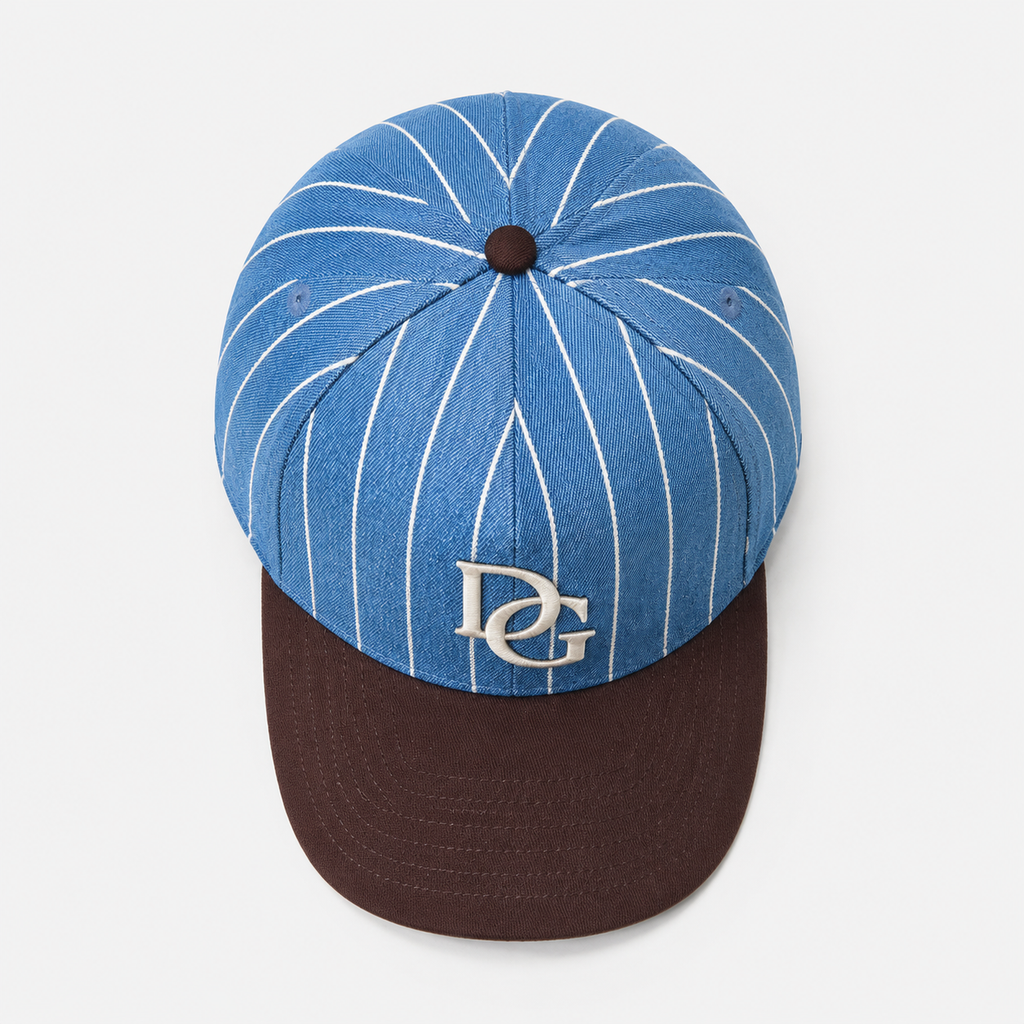 Top view of a blue striped dad hat with contrast brown brim and custom embroidery logo placement.
