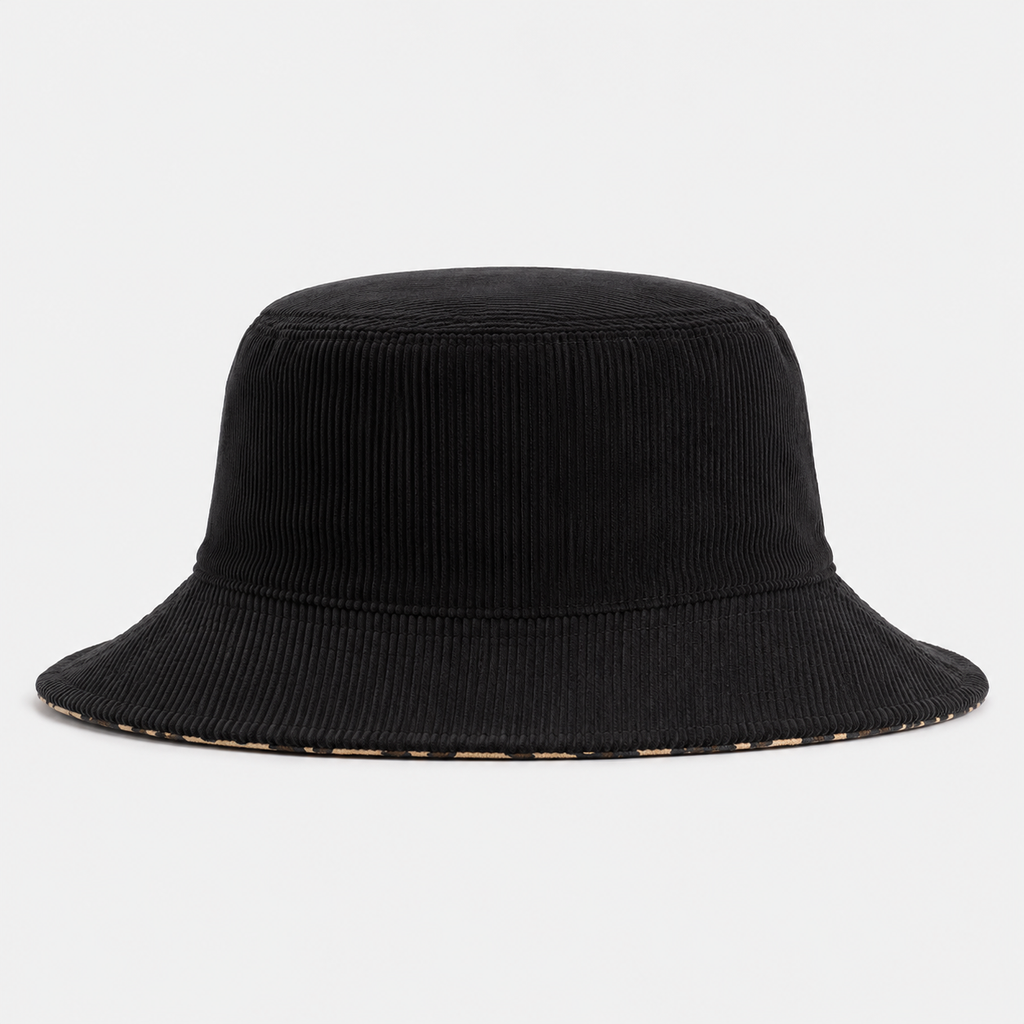 Reversible bucket hat showing leopard print outer side and black inner side for two-sided wear