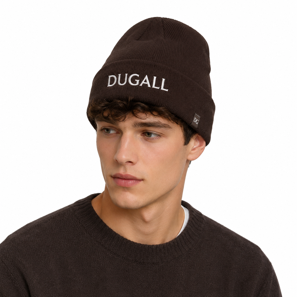 Man wearing a brown custom embroidered beanie with folded cuff and side label logo.