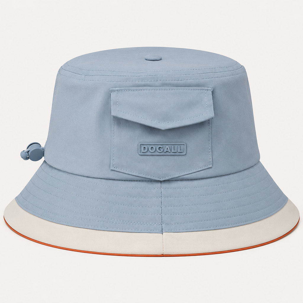 Front view of a custom light blue polyester bucket hat with pocket detail and raised 3D printed logo