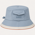 Front view of a custom light blue polyester bucket hat with pocket detail and raised 3D printed logo