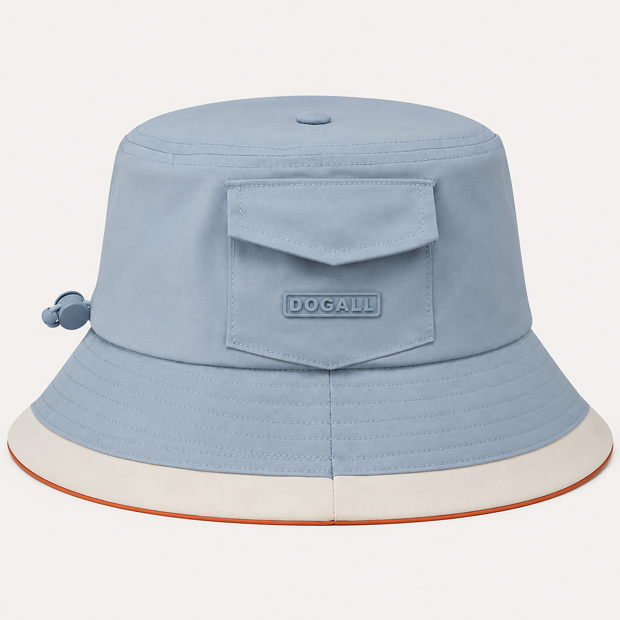 Front view of a custom light blue polyester bucket hat with pocket detail and raised 3D printed logo