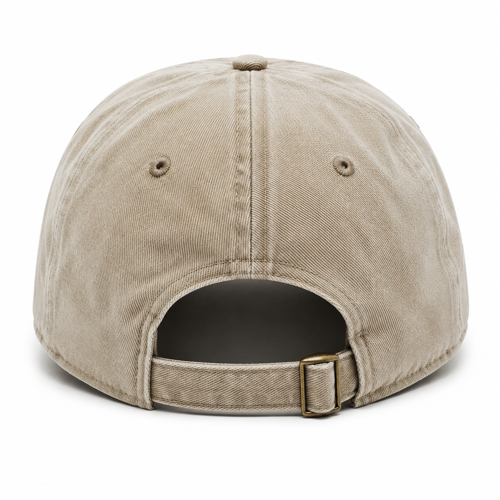 Back view of a custom washed cotton baseball cap with adjustable strapback closure and 6 panel construction.