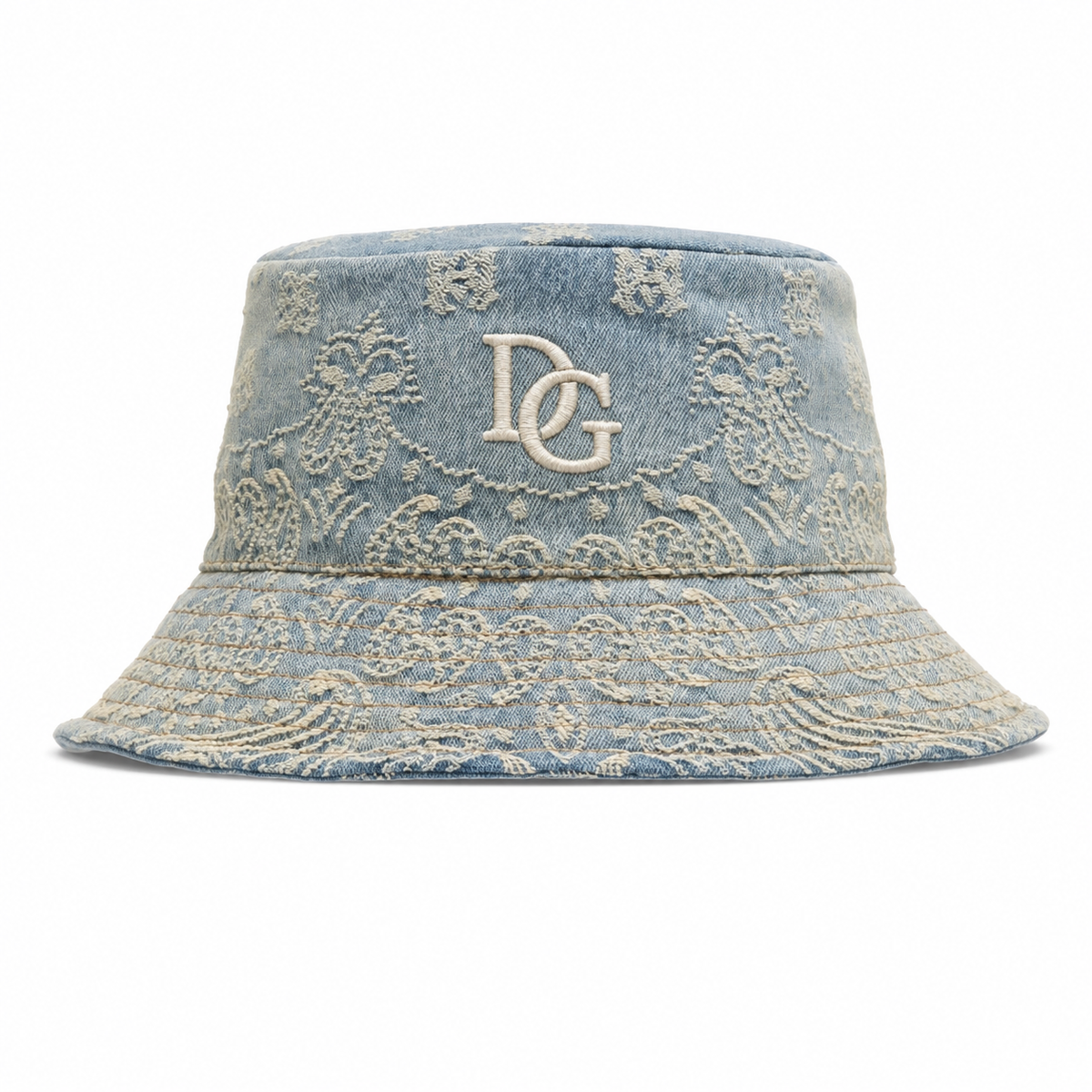 Front view of a custom high quality bucket hat made from washed cotton with 3D embroidery logo and decorative embroidered pattern.