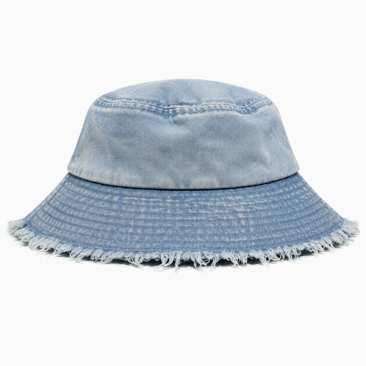 Back view of a washed cotton bucket hat with clean crown shape and vintage distressed brim.
