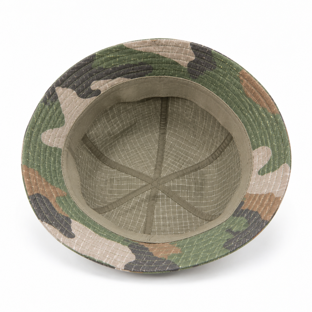 Inside view of a custom outdoor casual bucket hat showing the inner construction and brim stitching.
