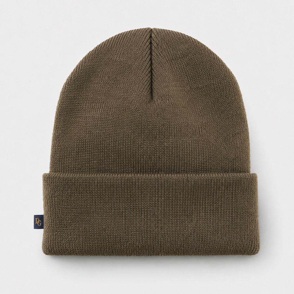 Front view of a blank olive brown acrylic beanie with folded cuff for custom logo branding.
