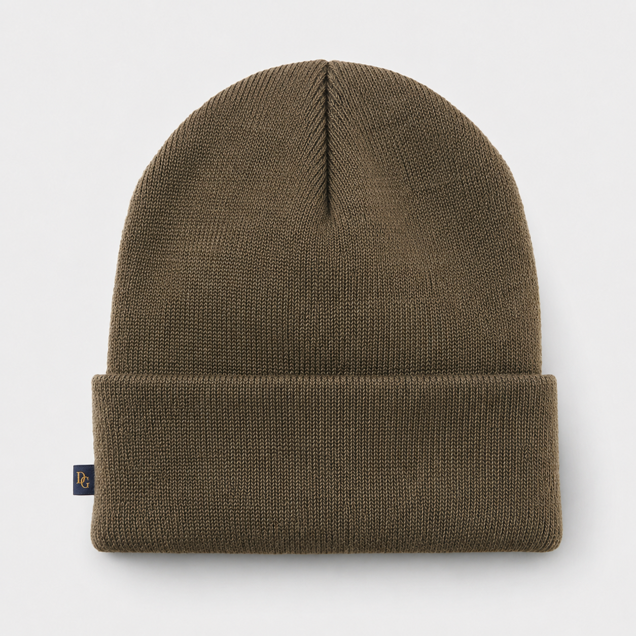 Front view of a blank olive brown acrylic beanie with folded cuff for custom logo branding.
