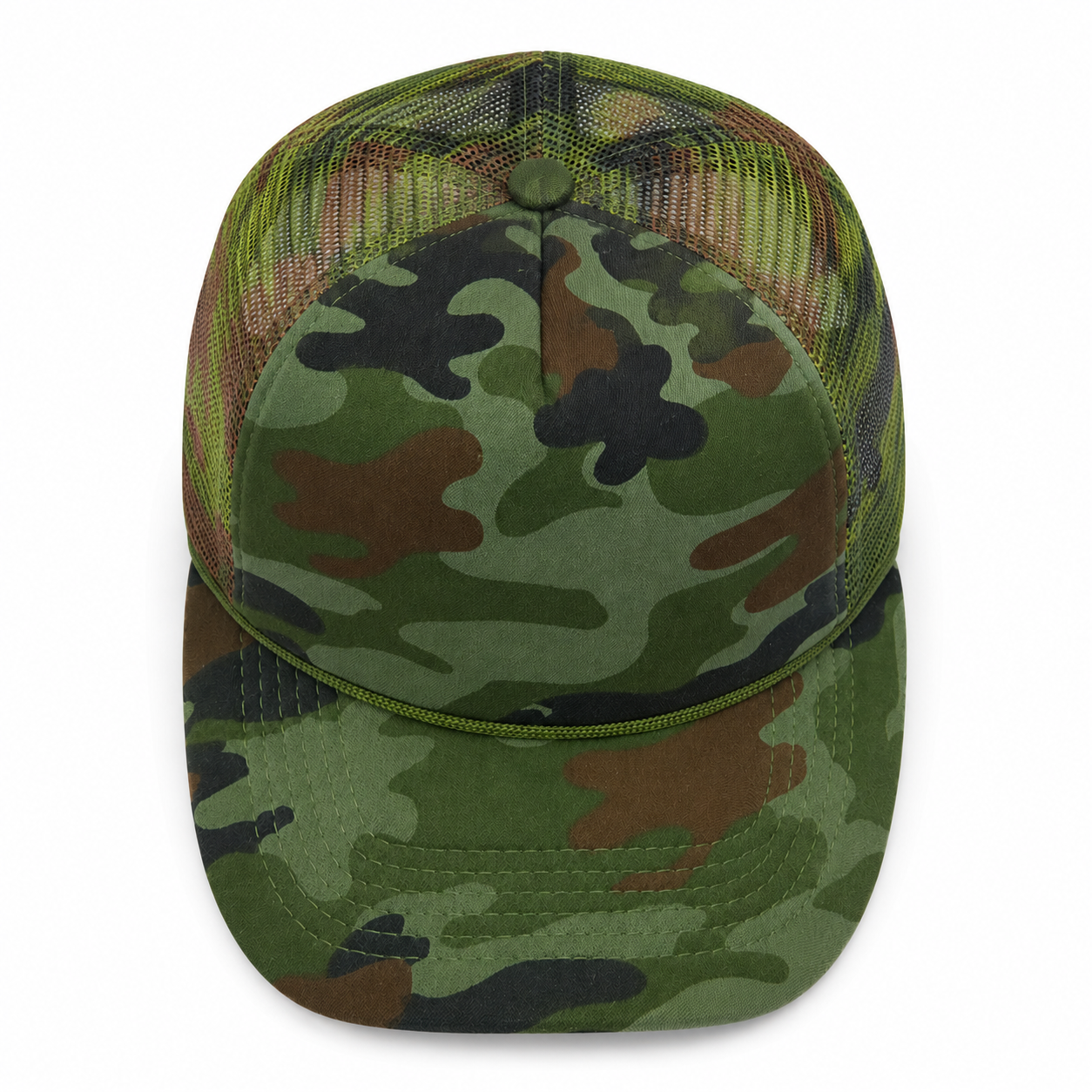 Top view of a wholesale five-panel camouflage trucker cap with foam front and printed mesh panels