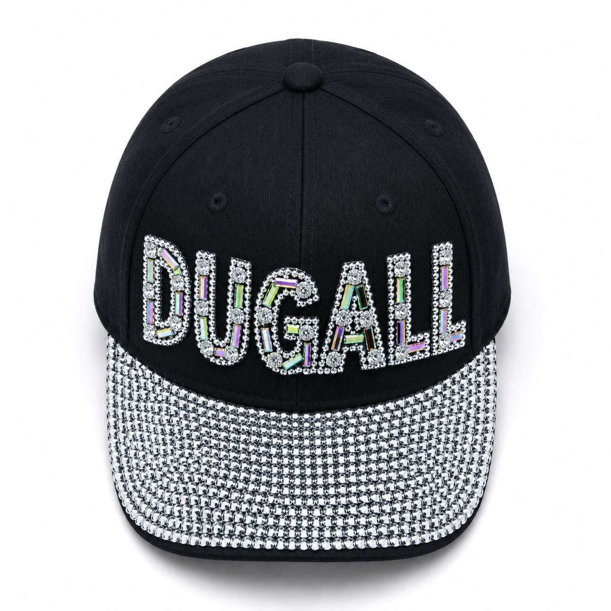 Top front view of black cotton baseball cap with rhinestone custom logo
