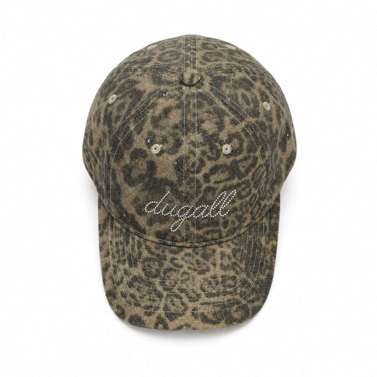 Top view of a wholesale leopard print baseball cap in washed cotton with six-panel construction