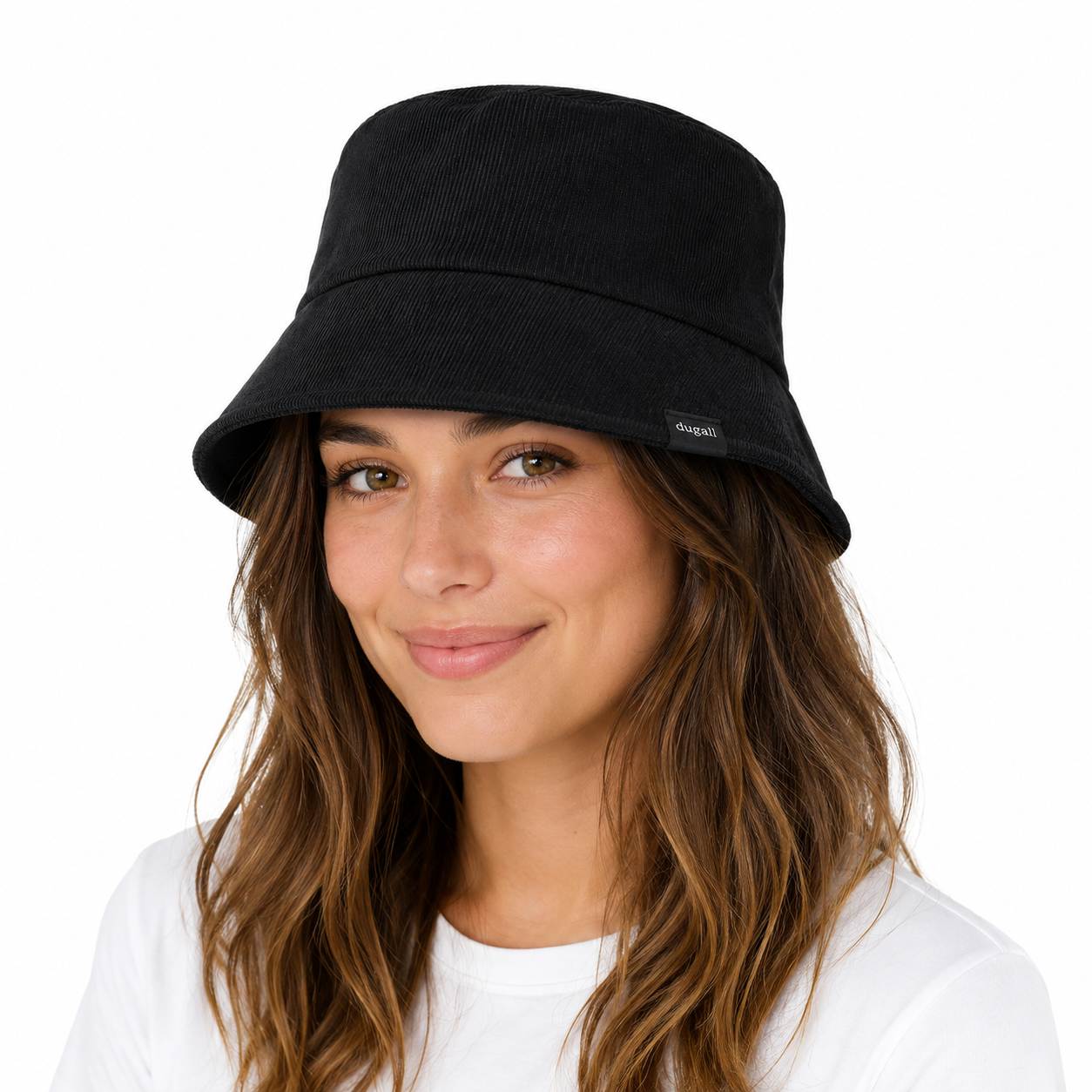Female model wearing a black cotton bucket hat with subtle custom woven side label for casual fashion styling