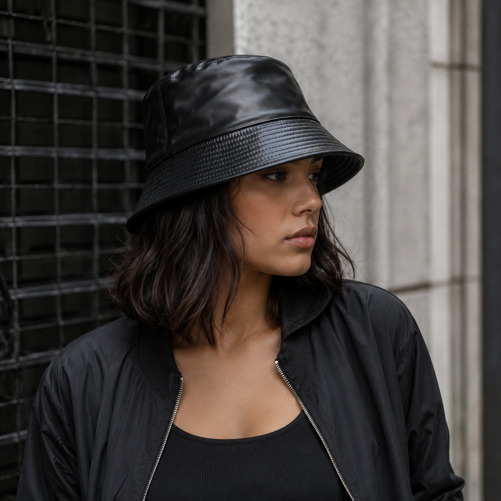Female model wearing a black faux leather bucket hat in an urban streetwear outfit