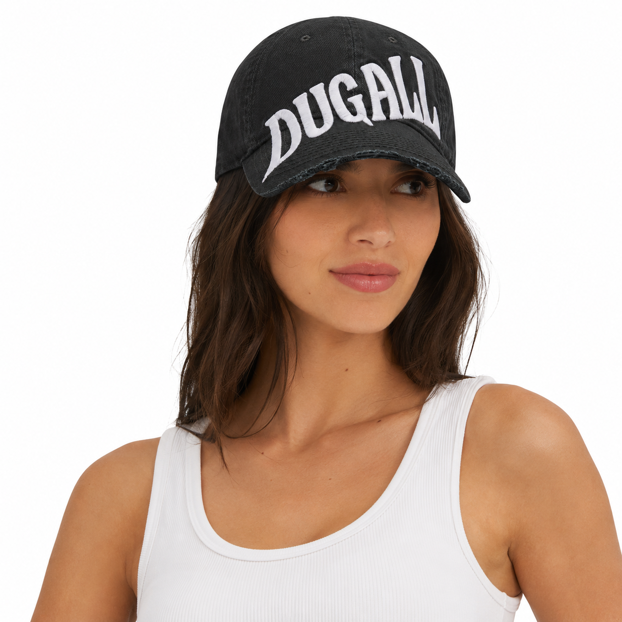 Female model wearing a black custom snapback hat with oversized white embroidery logo and distressed brim styling.