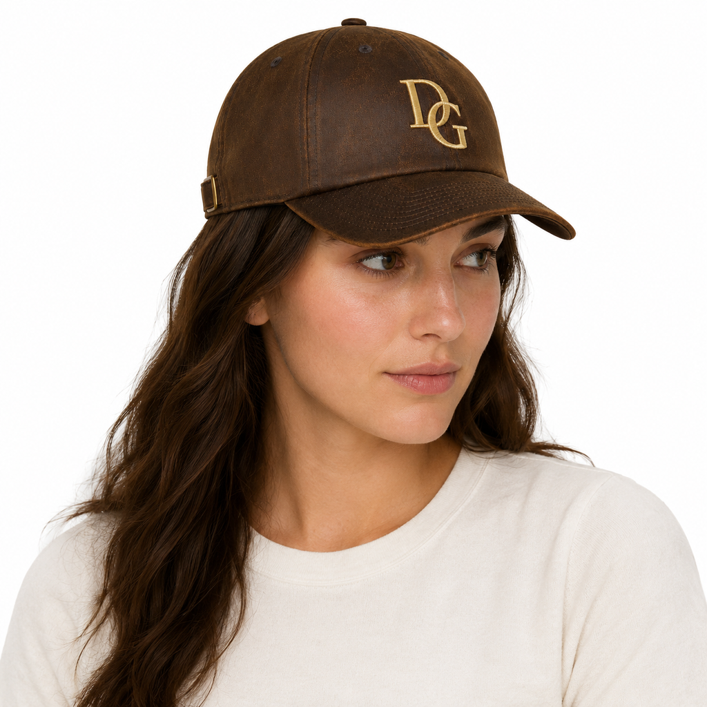 Female model wearing a brown faux leather dad hat with custom embroidered gold logo.
