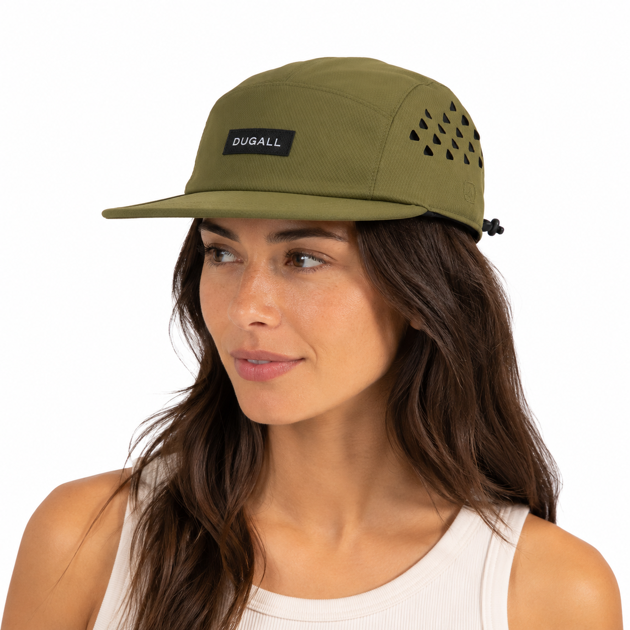 Female model wearing an olive green quick-dry outdoor 5 panel cap with custom label logo and side ventilation design.
