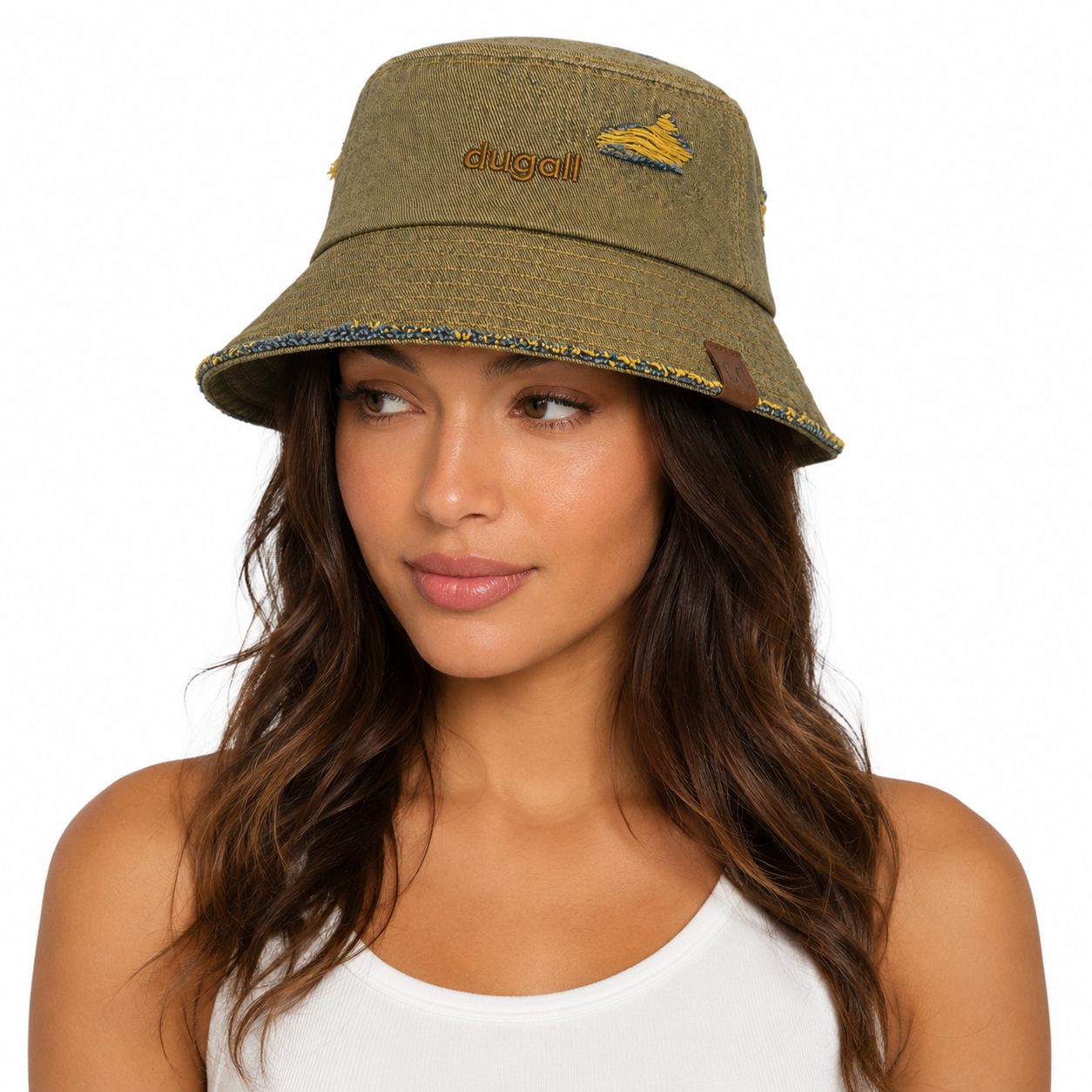 Female model wearing a washed green cotton bucket hat with embroidered logo and vintage outdoor style