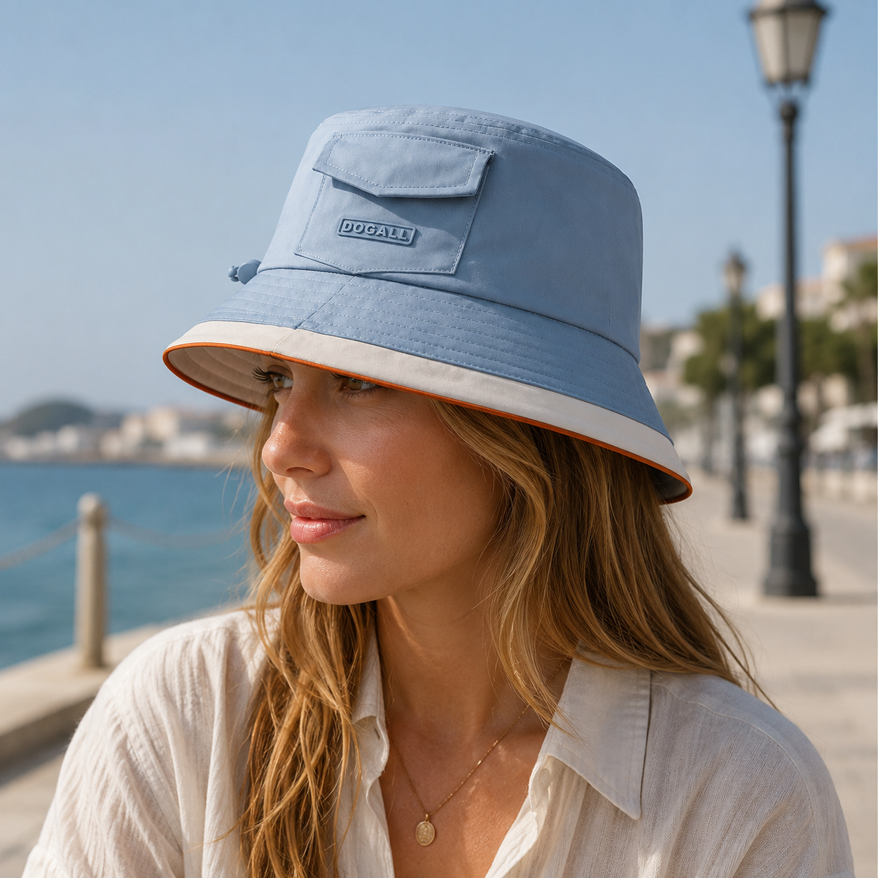 Female model wearing a light blue custom polyester bucket hat with 3D printed logo and front pocket detail near the seaside