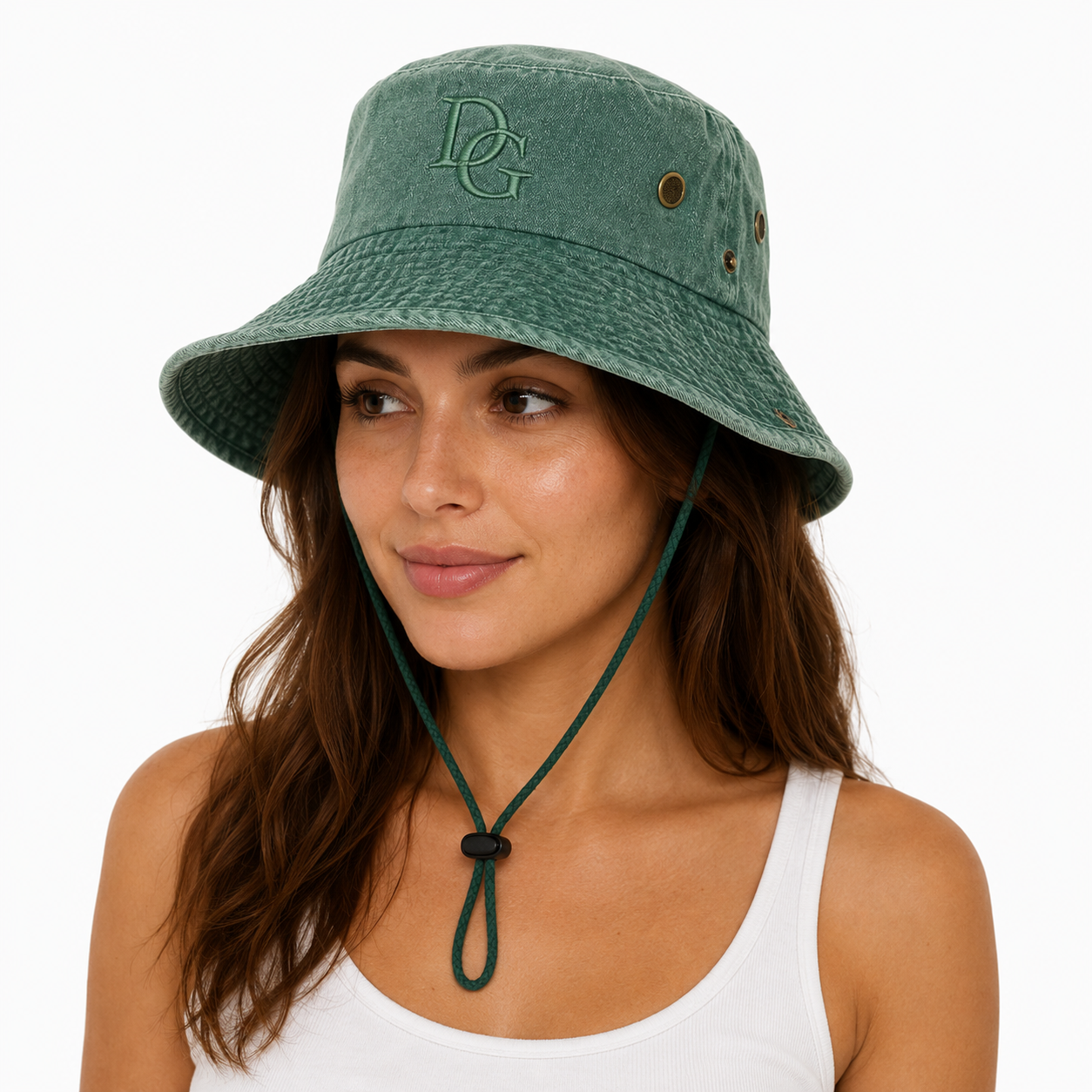 Female model wearing a lightweight custom cotton bucket hat with embroidery logo