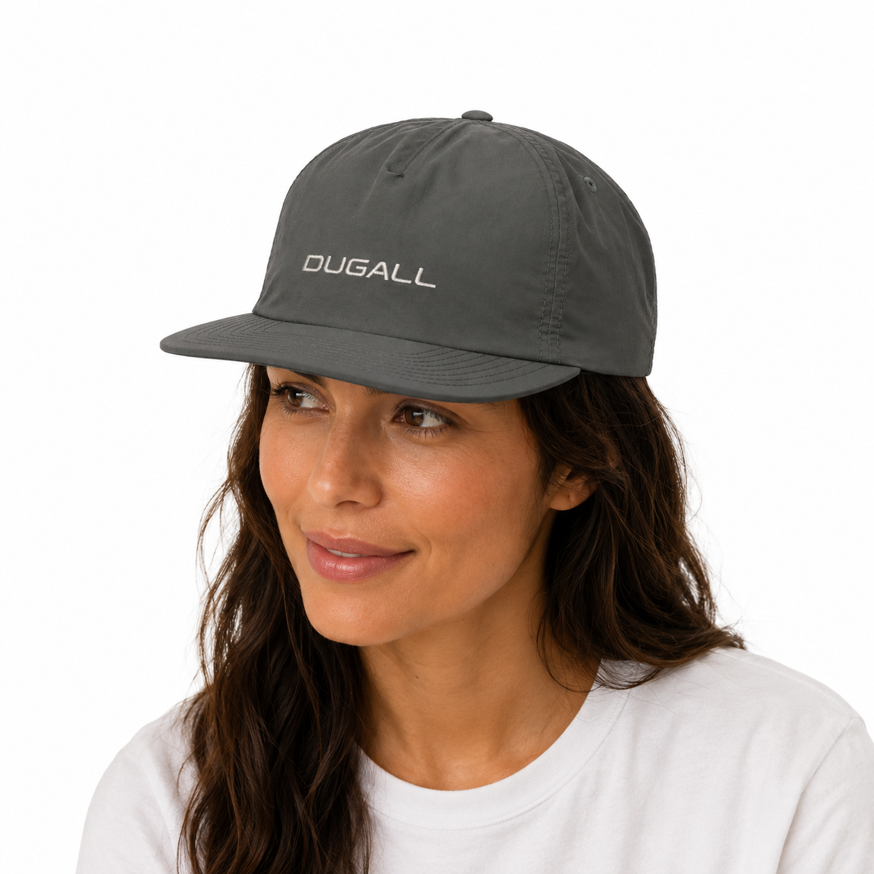 Female model wearing a custom nylon 5 panel baseball cap with embroidered logo in a lightweight outdoor style