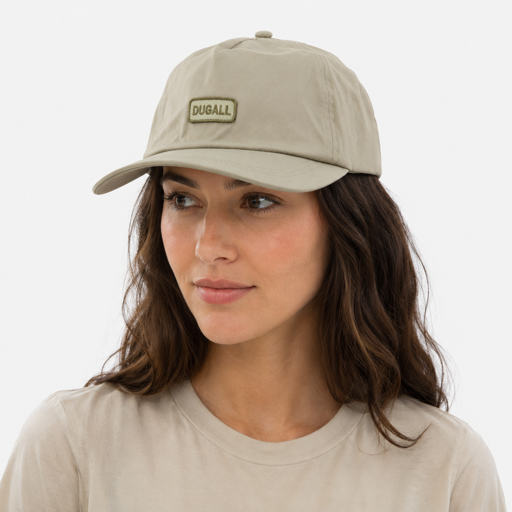 Female model wearing khaki custom 5 panel cap with embroidered logo for sun protection and daily wear