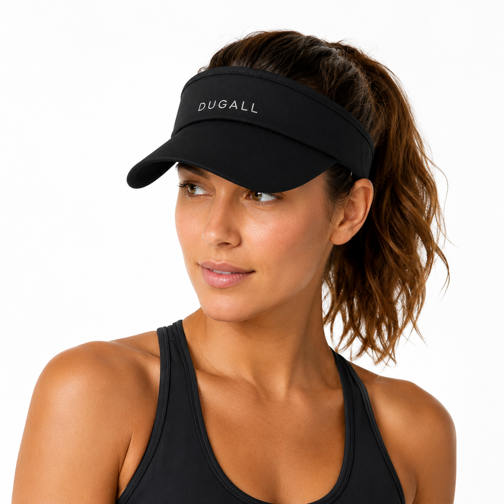 Female model wearing a black custom embroidered sports visor suitable for golf, tennis, and outdoor activities