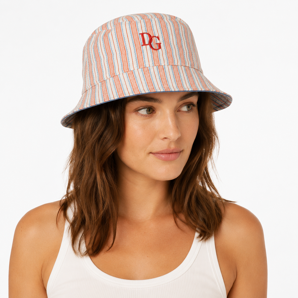 Women’s custom embroidered bucket hat in striped cotton for wholesale