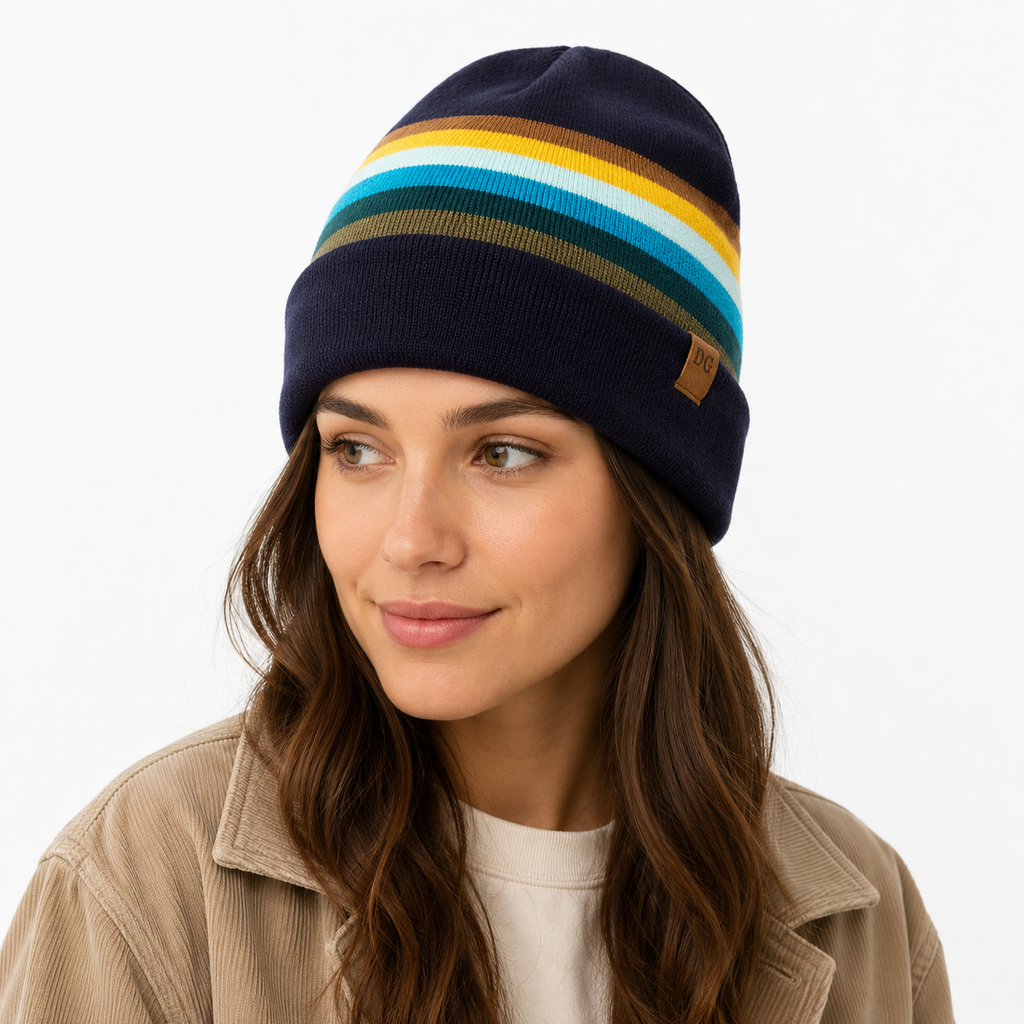 Female model wearing a colorful retro striped acrylic ski beanie with navy cuff and side leather patch logo.