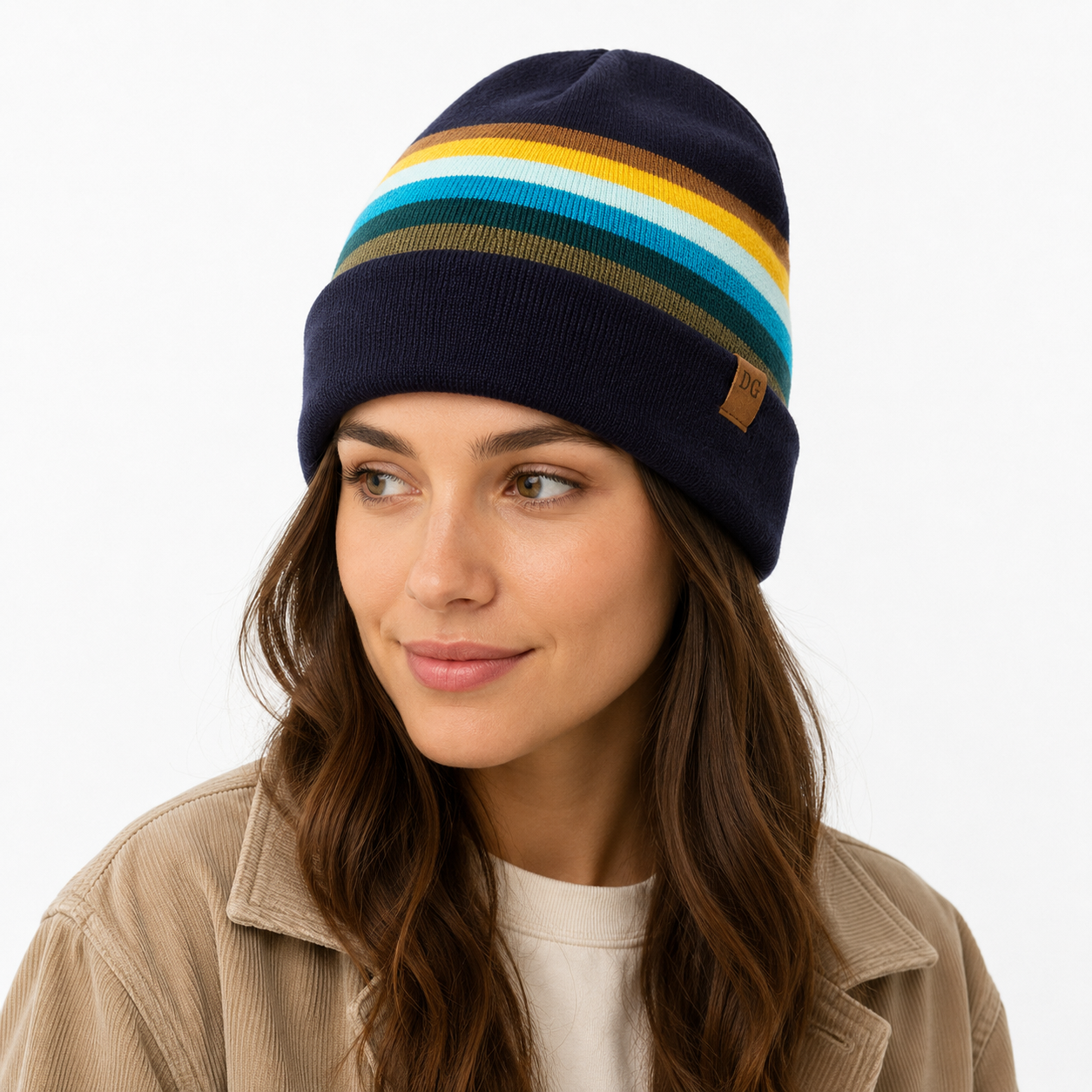 Female model wearing a colorful retro striped acrylic ski beanie with navy cuff and side leather patch logo.