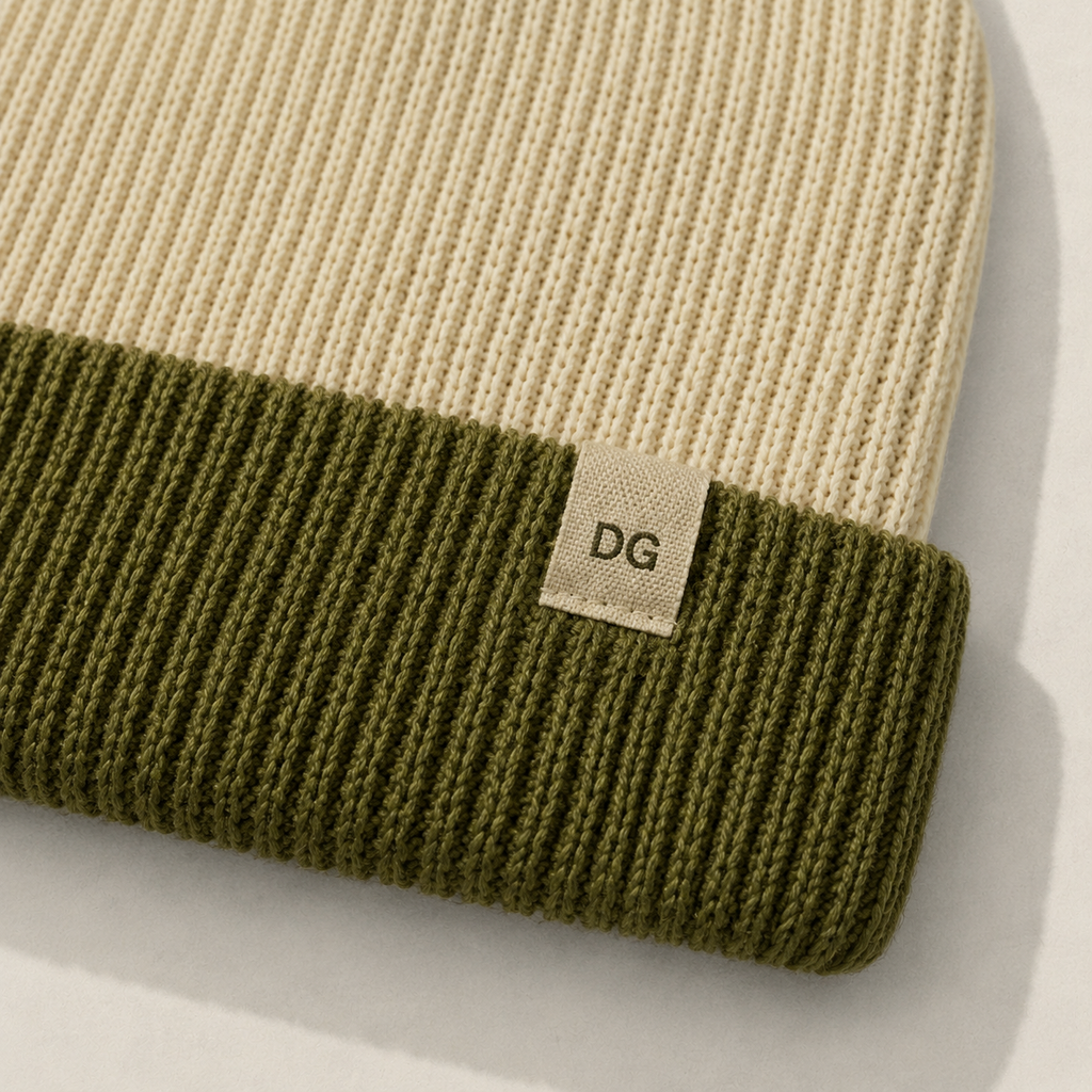 Close-up detail of the woven label on a cream and olive color block knit beanie with ribbed cuff texture