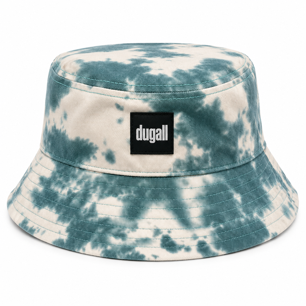 Front view of a custom high quality bucket hat made from washed cotton with a woven label patch logo and tie dye pattern.